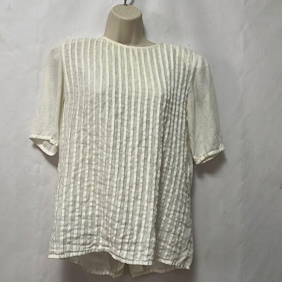 SALVATORE FERRAGAMO 100% LINEN SHORT SLEEVE BUTTON DOWN‎ BLOUSE SIZE 8 - Picture 1 of 4